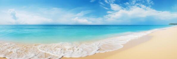 panorama tropisch zee en zanderig strand met blauw lucht spandoek. generatief ai foto