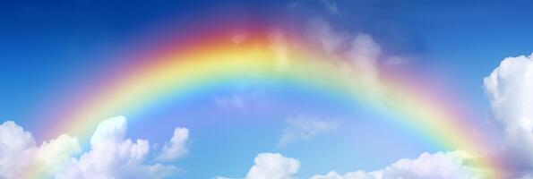 regenboog Aan blauw lucht achtergrond, mooi regenboog bewolkt lucht na regen. generatief ai foto