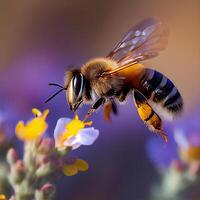 honing bij vlieg in de tuin met bloem en nectar ai generatief foto