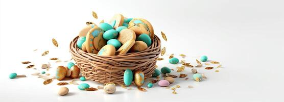 de Pasen mand met kleurrijk eieren en een weinig snoep, in de stijl van minimalistische achtergronden, konijn met eieren met een doos, in de stijl van zacht kleur mengen, generatief ai, 3d geven foto