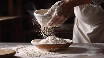 generatief ai, handen van bakker in restaurant of huis keuken, bereidt zich voor ecologisch natuurlijk gebakjes foto