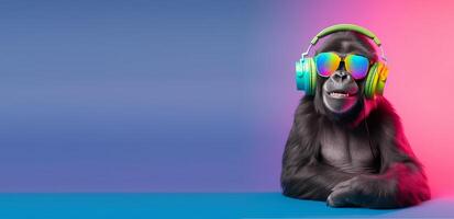 dichtbij omhoog portret van gorilla vervelend bril en koptelefoon, aangenaam glimlach uitdrukking, luisteren naar muziek- concept gelukkig, Aan kleurrijk kopiëren ruimte achtergrond. generatief ai foto