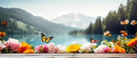 leeg houten tafel versierd met kleurrijk bloemen. wazig meer en berg visie achtergrond. kopiëren ruimte. voor Product toont. Sjablonen, media, afdrukken, enz., genereren ai foto