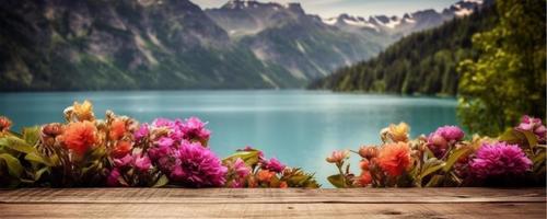 leeg houten tafel versierd met kleurrijk bloemen. wazig meer en berg visie achtergrond. kopiëren ruimte. voor Product toont. Sjablonen, media, afdrukken, enz., genereren ai foto