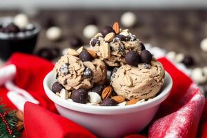 heerlijk eigengemaakt ijs room met chocola chips in een kom Aan een houten tafel. zoet voedsel. generatief ai foto