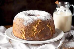 Kerstmis taart met rozijnen en gepoederd suiker. panettone taart met rozijnen en suikerglazuur suiker. generatief ai foto