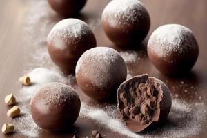 chocola truffels. een assortiment van chocola, snoep, bars en chocola stukken Aan een houten achtergrond, zoet voedsel. chocola taart. generatief ai foto