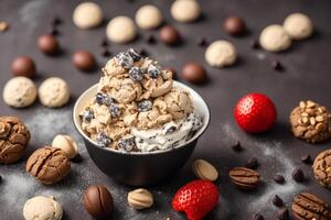 heerlijk eigengemaakt ijs room met chocola chips in een kom Aan een houten tafel. zoet voedsel. generatief ai foto