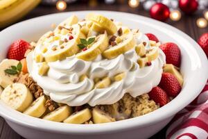 Kerstmis taart met geslagen room en vers bessen Aan een houten tafel. heerlijk pudding met framboos saus. generatief ai foto