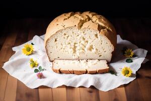 vers gebakken brood Aan een houten bord, detailopname. Frans brood. brood van wit brood. generatief ai foto