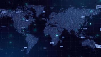 digitaal wereld kaart donker blauw hologram achtergrond, bedrijf en technologie concept foto
