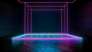 futuristische stadium kleurrijk neon lichten stadia kamer achtergrond en achtergrond, leeg podium voor Product Scherm of presentaties, abstract modern, perfect voor vitrines en modern projecten. 3d weergave. foto