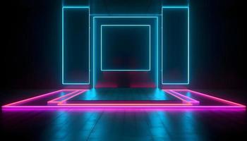 futuristische stadium kleurrijk neon lichten stadia kamer achtergrond en achtergrond, leeg podium voor Product Scherm of presentaties, abstract modern, perfect voor vitrines en modern projecten. 3d weergave. foto