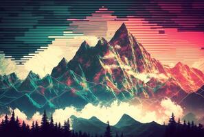 vervormd glitch meetkundig bergen landschap. generatief ai foto
