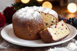 Kerstmis taart met rozijnen en gepoederd suiker. panettone taart met rozijnen en suikerglazuur suiker. generatief ai foto