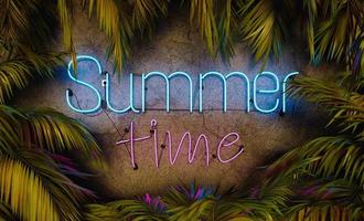 neonlamp met de woorden zomertijd omgeven door palmbladeren foto