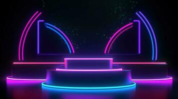 3d abstract achtergrond. neon gloeiend podium. leeg tafereel voor Product presentatie. foto