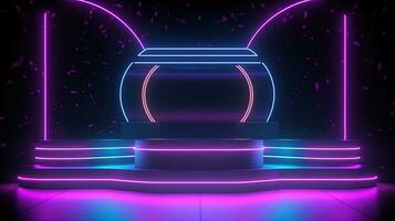 3d abstract achtergrond. neon gloeiend podium. leeg tafereel voor Product presentatie. foto