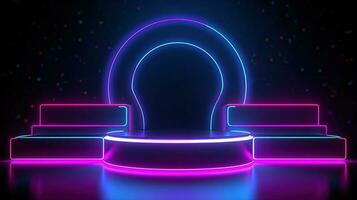 3d abstract achtergrond. neon gloeiend podium. leeg tafereel voor Product presentatie. foto