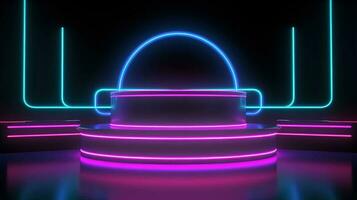 3d abstract achtergrond. neon gloeiend podium. leeg tafereel voor Product presentatie. foto