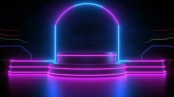 3d abstract achtergrond. neon gloeiend podium. leeg tafereel voor Product presentatie. foto