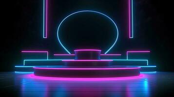 3d abstract achtergrond. neon gloeiend podium. leeg tafereel voor Product presentatie. foto