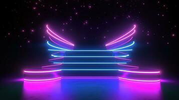 3d abstract achtergrond. neon gloeiend podium. leeg tafereel voor Product presentatie. foto