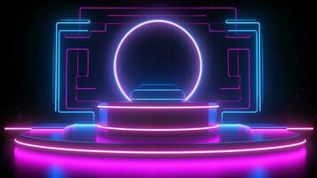 3d abstract achtergrond. neon gloeiend podium. leeg tafereel voor Product presentatie. foto