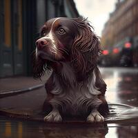 Engels springer spaniel hond zittend in een plas Aan een regenachtig dag, ai generatief beeld foto