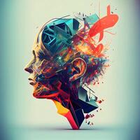abstract menselijk hoofd gemaakt van kleurrijk veelhoekige elementen. 3d weergave, ai generatief beeld foto