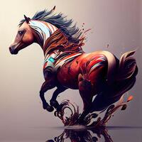 kleurrijk paard met verf spatten Aan een grijs achtergrond. 3d weergave, ai generatief beeld foto