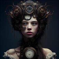 portret van een mooi steampunk vrouw met mechanisch tandwielen, ai generatief beeld foto