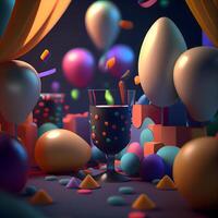 partij achtergrond met ballonnen, confetti en cocktails. 3d weergave, ai generatief beeld foto