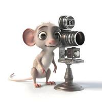 3d renderen van een schattig tekenfilm muis met een camera Aan een wit achtergrond, ai generatief beeld foto