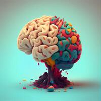 menselijk hersenen gemaakt van kleurrijk plasticine Aan blauw achtergrond. 3d illustratie, ai generatief beeld foto