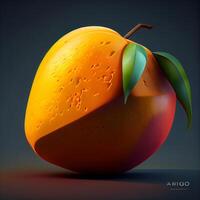 mango fruit met bladeren en plakjes Aan een donker achtergrond. 3d weergave, ai generatief beeld foto