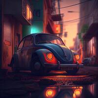 retro auto Aan de straat Bij nacht. 3d illustratie., ai generatief beeld foto