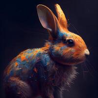 konijn met een verf plons Aan een donker achtergrond. 3d weergave, ai generatief beeld foto