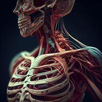 menselijk skelet met bloedsomloop systeem anatomie. 3d weergave, ai generatief beeld foto