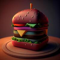 3d illustratie van cheeseburger met ijs room en karamel topping, ai generatief beeld foto