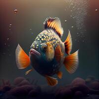 3d illustratie van een tropisch vis zwemmen in een aquarium met bubbels, ai generatief beeld foto