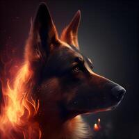 portret van een Duitse herder hond Aan een donker achtergrond met vuur, ai generatief beeld foto