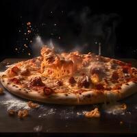 pizza met salami, ham en kikkererwten Aan zwart achtergrond, ai generatief beeld foto