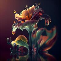 lelie bloem met water druppels Aan donker achtergrond. 3d illustratie, ai generatief beeld foto