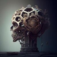 3d renderen van een menselijk schedel gemaakt van metaal met verschillend elementen, ai generatief beeld foto