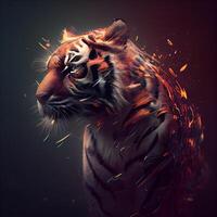 tijger portret met brand vlammen Aan donker achtergrond. 3d weergave, ai generatief beeld foto