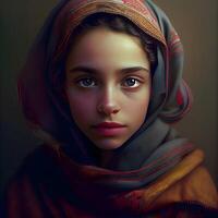 portret van een mooi jong vrouw in een hoofddoek., ai generatief beeld foto