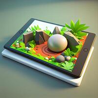 tablet pc met groen tuin in de achtergrond, 3d veroorzaken, ai generatief beeld foto