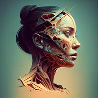 3d renderen van een vrouw gezicht met abstract lijnen in haar haar, ai generatief beeld foto