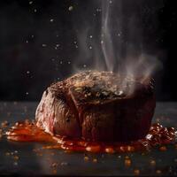 gegrild rundvlees steak met specerijen en rook Aan een zwart achtergrond., ai generatief beeld foto